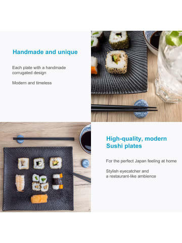 Intirilife Sushi Platte Servier Teller aus Porzellan 26 x 23.4 x 3.8 cm in 4x Schwarz