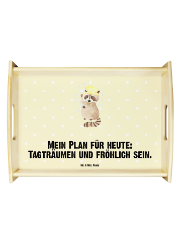 Mr. & Mrs. Panda Holztablett Waschbär mit Spruch in Gelb Pastell