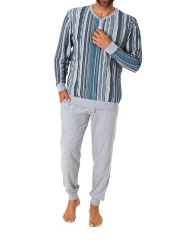 NORMANN Pyjama Schlafanzug Streifen Bündchen und Knopfleiste - 67008 in blau