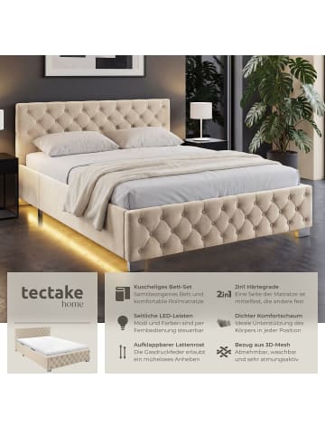 tectake Komfortbett mit LED-Leisten & Stauraum - Samtoptik mit Steppmuster