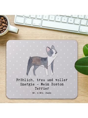 Mr. & Mrs. Panda Mauspad Boston Terrier Freude mit Spruch in Grau Pastell