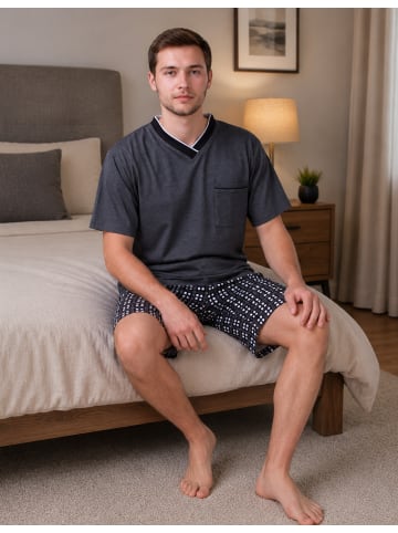 Moonline Pyjama mit karierter Hose in anthrazit-melange