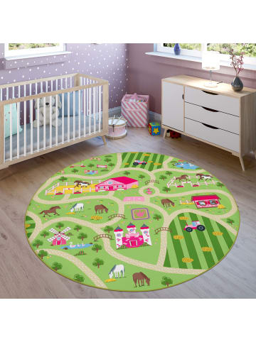 KADIMA DESIGN Kinderteppich waschmaschinenwaschbar Bauernhof‑Straßen Kinderzimmer in Grün