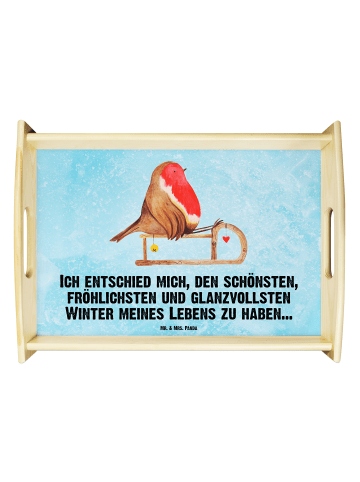 Deko Tablett Rotkehlchen Schlitten mit Spruch in Eisblau
