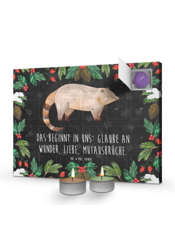 Mr. & Mrs. Panda adventskalender duftkerzen Nasenbär mit Spruch in Kreidetafel