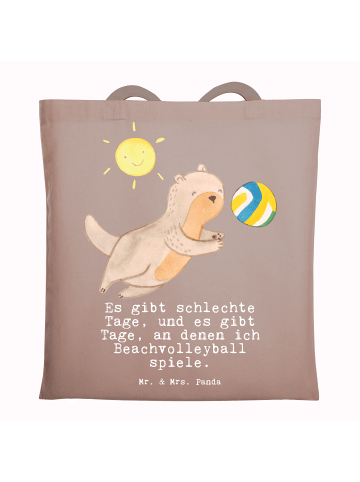 Mr. & Mrs. Panda Jutetasche Otter Beachvolleyball mit Spruch in Braun Pastell