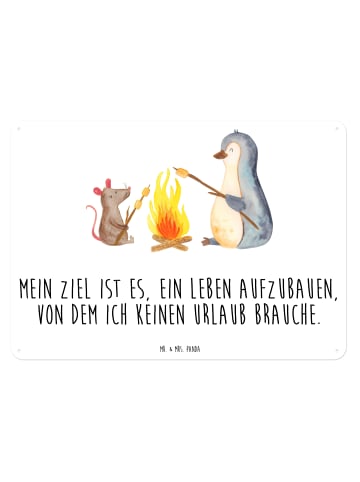 Mr. & Mrs. Panda Blechschild Pinguin Lagerfeuer mit Spruch in Weiß