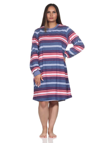 NORMANN Frottee Nachthemd Bündchen Streifen - 82075 in blau