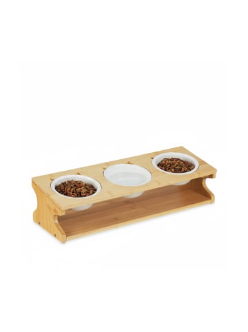 relaxdays Katzen Futterstation in Natur/ Weiß - (B)51 x (H)13,5 x (T)17,5 cm