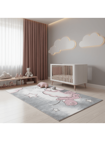 KADIMA DESIGN Kinderteppich Waschbar Bär TASNA Strapazierfähig OEKO-TEX Kinderzimmer in Pink