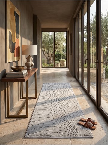 KADIMA DESIGN Outdoor-Teppich ENGADIN Blattmuster Kurzflor Wohnzimmer Veranda in Silbergrau