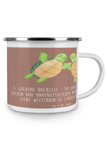 Mr. & Mrs. Panda Camping Emaille Tasse 50. Hochzeitstag mit Spruch in Braun Pastell