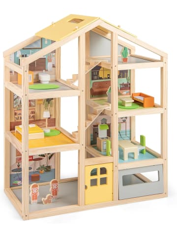 COSTWAY Puppenhaus Holz in Hellbraun