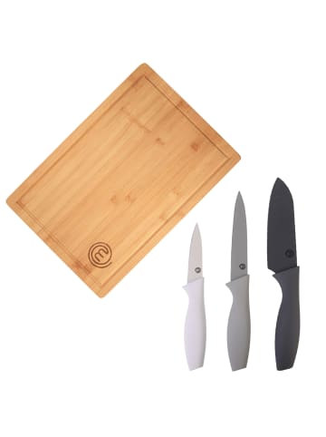 MasterChef 4 tlg. Set Schneidebrett + 3-tlg Küchenmesser Set in Grau, Holzfarben