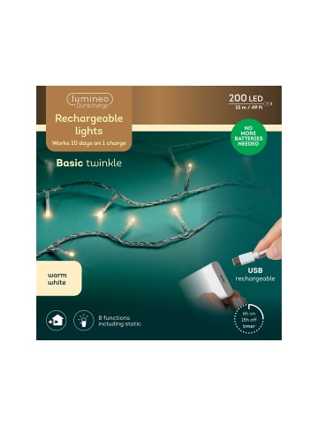 LUMINEO USB-Lichterkette BASIC Twinkle, 200 LED 15 m transp. Kabel in warm weiß