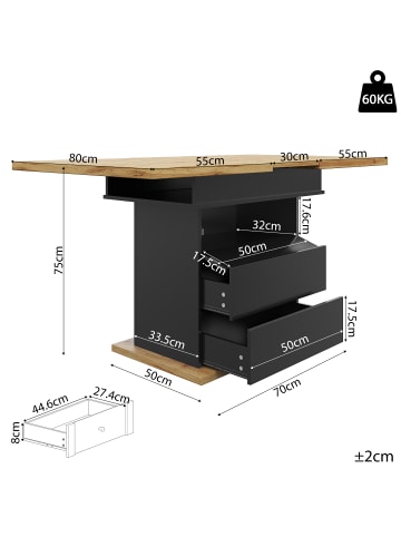 ABRIHOME Esstisch Ausziehtisch Küchentisch mit drei Ablageebenen 110-140×80cm, Schwarz