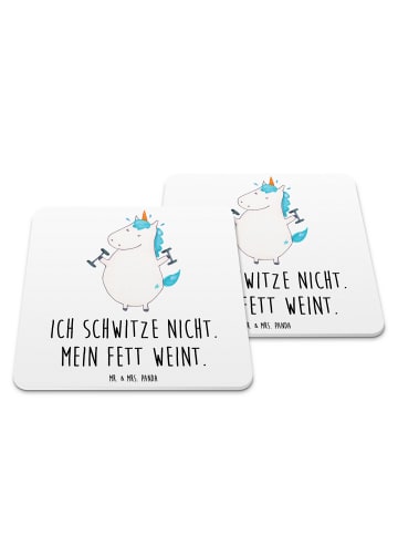 Mr. & Mrs. Panda Glasuntersetzer Einhorn Fitness mit Spruch in Weiß