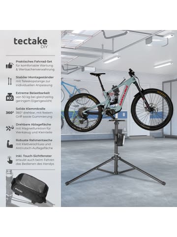 tectake Fahrrad-Set Reparaturständer & Rahmentasche | 360° drehbar