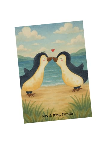 Mr. & Mrs. Panda Postkarte Pinguine Kuss Design ohne Spruch in Weiß