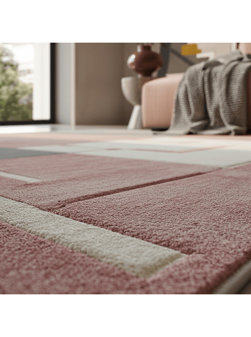KADIMA DESIGN Teppich Kurzflor Waschbar Karo LATEMAR Strapazierfähig OEKO-TEX in Pink