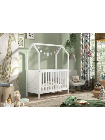 58 aufm Kessel BABYBETT mit Dach Karyl 3-fach höhenverstellbar Kiefer massiv weiß