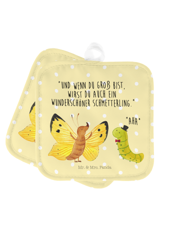 Mr. & Mrs. Panda 2er Set Topflappen  Raupe Schmetterling mit Spruch in Gelb Pastell