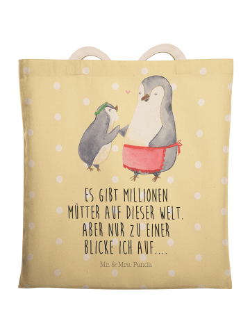 Mr. & Mrs. Panda Einkaufstasche Pinguin mit Kind mit Spruch in Gelb Pastell