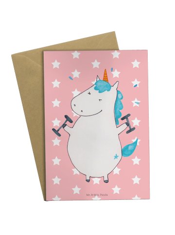 Mr. & Mrs. Panda Klappkarte Einhorn Fitness ohne Spruch in Rot Pastell