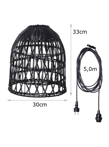 MARELIDA Lampenschirm in Rattanstil für Innen/Außen mit Kabel H: 33cm in schwarz