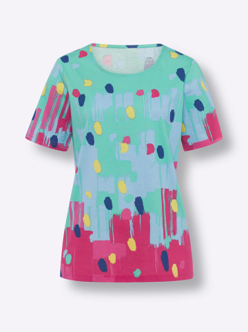 Sieh an! Kurzarmshirt in blaugrün-pink-bedruckt
