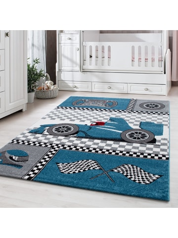 KADIMA DESIGN Kinderteppich Rennwagen Polypropylen saugroboter Kurzflor Kinderzimmer in Blau