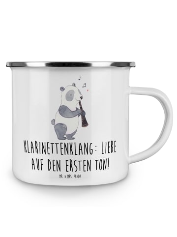 Mr. & Mrs. Panda Camping Emaille Tasse Klarinette Liebe  mit Spruch in Weiß
