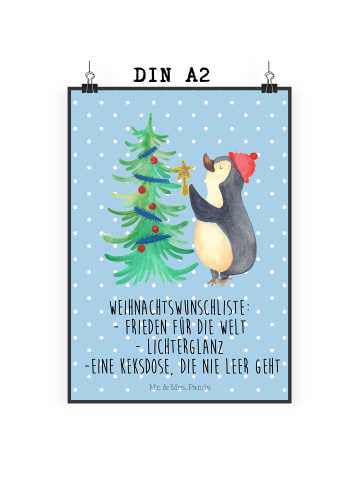 Mr. & Mrs. Panda Wandposter Pinguin Weihnachtsbaum mit Spruch in Blau Pastell