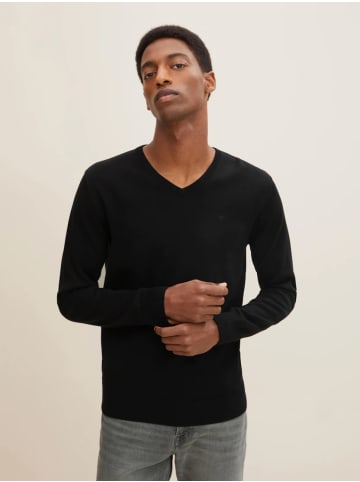 Tom Tailor Dünner Feinstrick Pullover Basic V-Ausschnitt Sweater in Schwarz-2