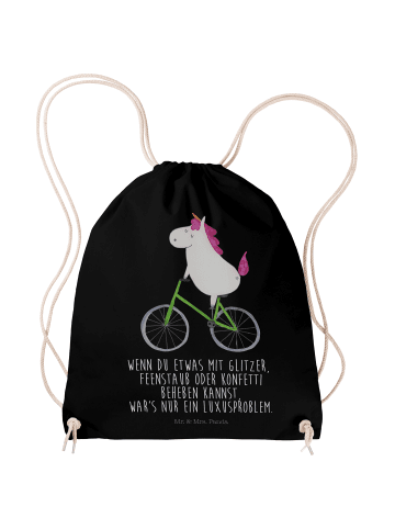 Mr. & Mrs. Panda Turnbeutel Einhorn Radfahrer mit Spruch in Schwarz