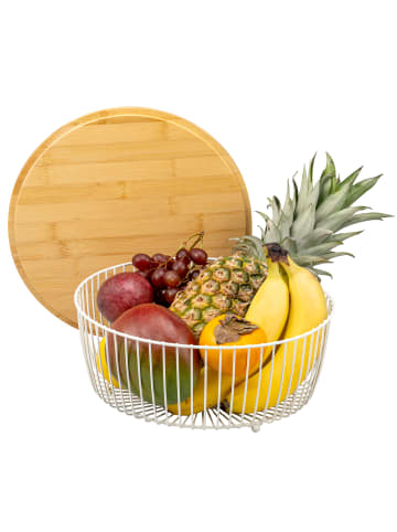 eluno eluno Obstkorb - Brotkorb mit Bambusdeckel, runde Obstschale aus weißem Metall