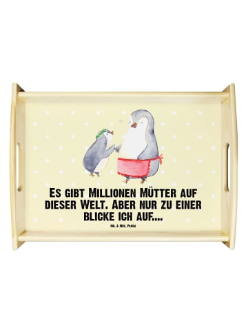 Mr. & Mrs. Panda Serviertablett Pinguin mit Kind mit Spruch in Gelb Pastell