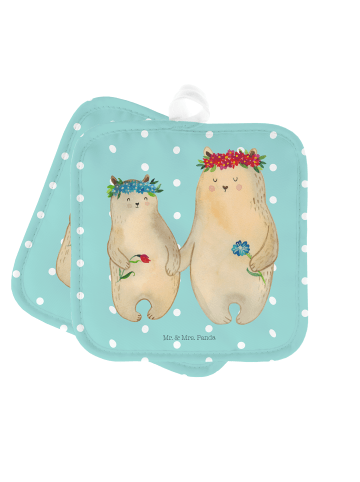Mr. & Mrs. Panda Topflappen Bären mit Blumenkranz ohne Spruch in Türkis Pastell