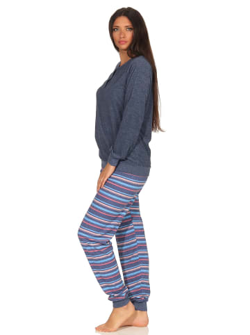 NORMANN Frottee Pyjama lang Bündchen Hose gestreift - 48876 in blau-melange