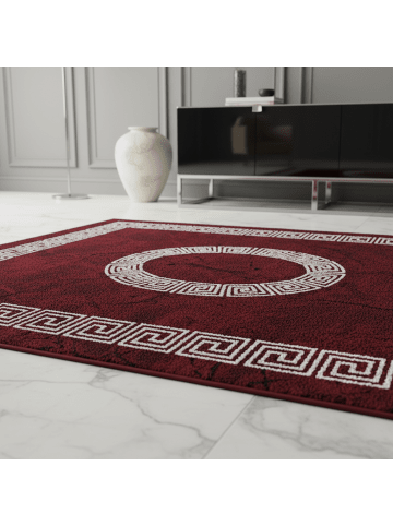 KADIMA DESIGN Teppich Kurzflor Waschbar Mäander INN Strapazierfähig OEKO-TEX in Rot