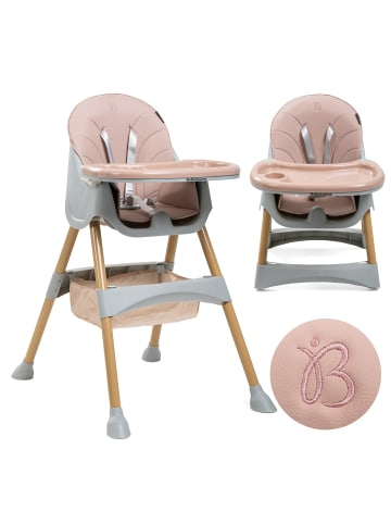 BeBelissimo 2 in 1, Kinderhochstuhl, Babystuhl, Kombihochstuhl -Woodie in Rosa