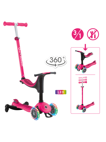 GLOBBER 3in1 Aufsitzrad, Laufrad, Scooter GO-UP SPORTY LIGHTS 360 in fuchsia pink