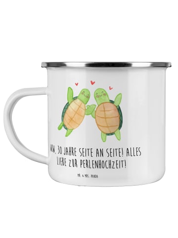 Mr. & Mrs. Panda Camping Emaille Tasse 30. Hochzeitstag Perlenho... in Weiß