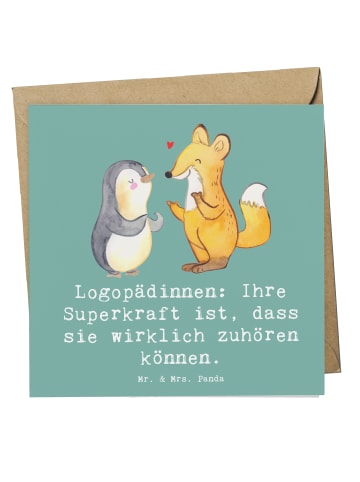 Mr. & Mrs. Panda Glückwunschkarte Logopädin Superkraft mit Spruch in Meeresbrise