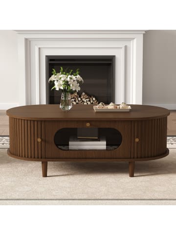 ABRIHOME Couchtisch in Walnuss mit Schublade Rolltür 100x50x36 cm
