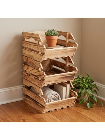 relaxdays 3 x Stapelkiste "geflammt" in Natur - (B)27,5 x (H)20 x (T)38 cm