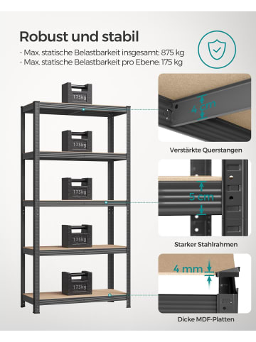 SONGMICS Schwerlastregal Cozory in grau - (B)90 x (H)180 x (T)40 cm