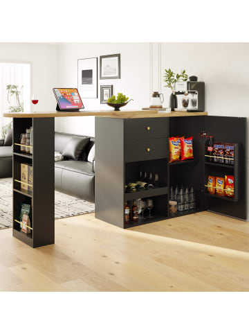 ABRIHOME 360° drehbarer Bartisch  in Schwarz mit 2 Schubladen und Schiebetürschrank