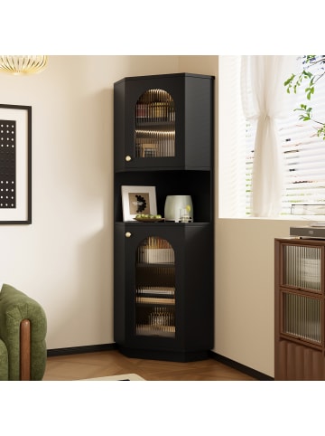 ABRIHOME Badschrank in Schwarz 45x45x166,5 cm mit Lichtleiste Eckschrank