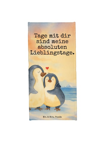 Mr. & Mrs. Panda Saunahandtuch Pinguin umarmen Design mit Spruch in Eisblau